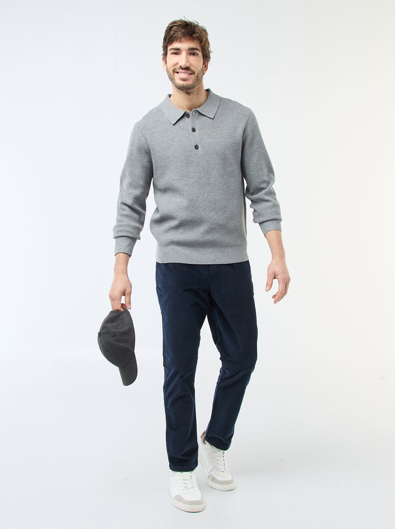 Pull maille gaufrée à col polo Gris - Kiabi