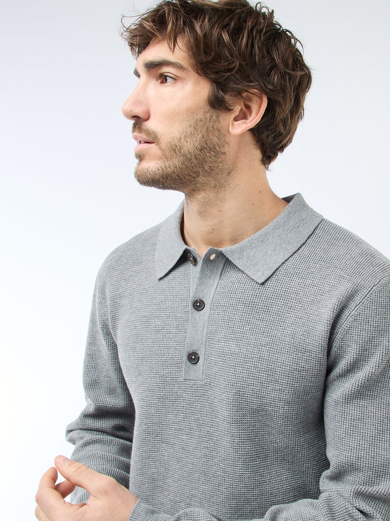 Pull maille gaufrée à col polo Gris - Kiabi