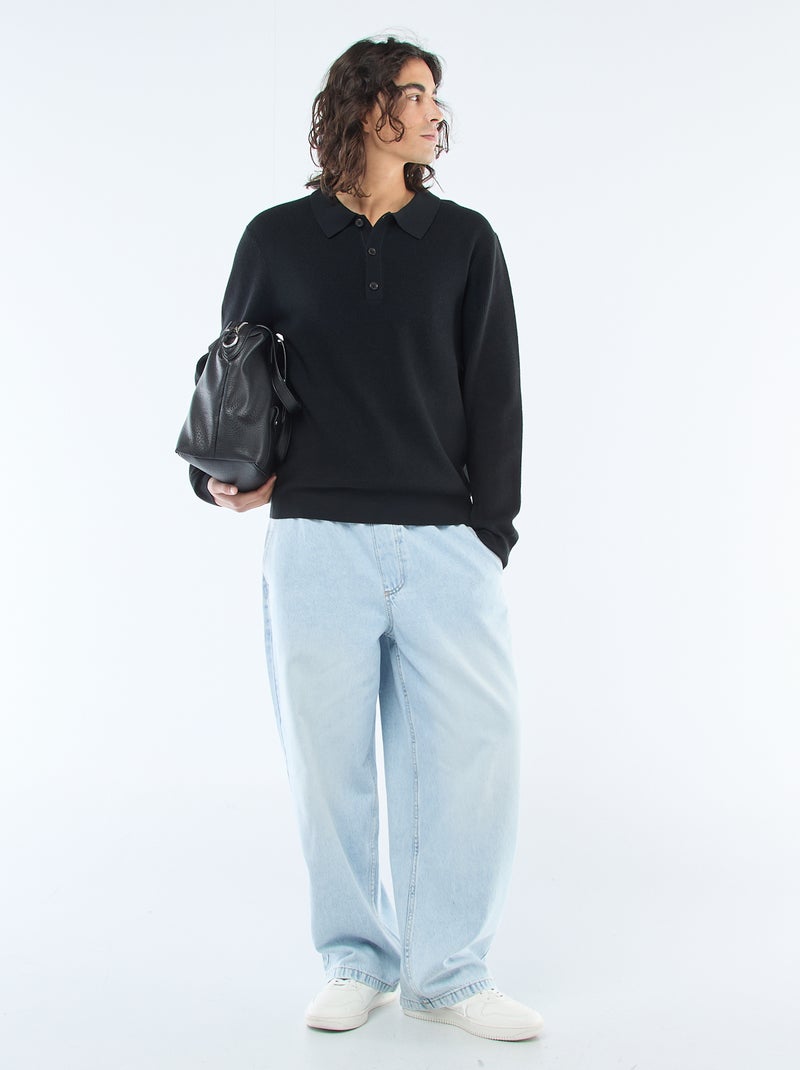 Pull maille gaufrée à col polo Noir - Kiabi