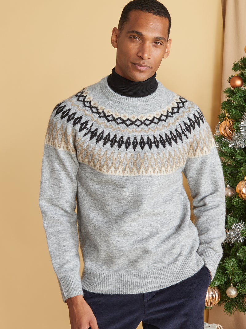 Pull maille jacquard Gris bleu - Kiabi