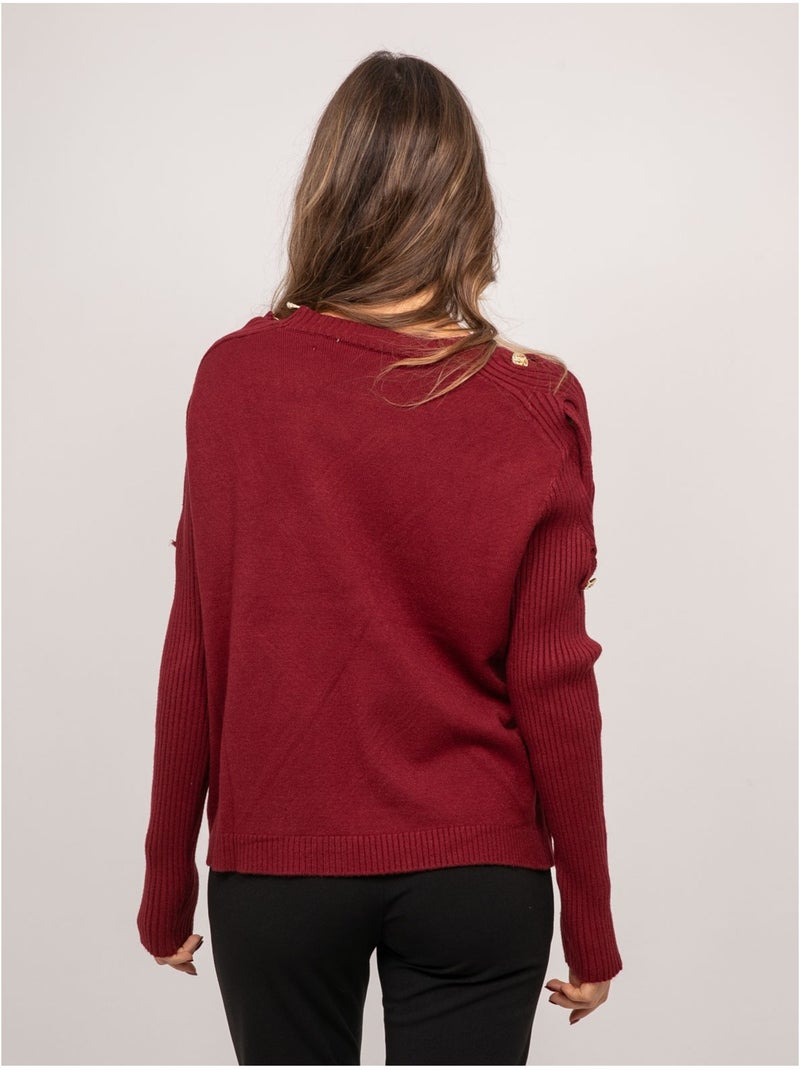 Pull maille manches côtelées et boutons dorés kandyce Bordeaux - Kiabi