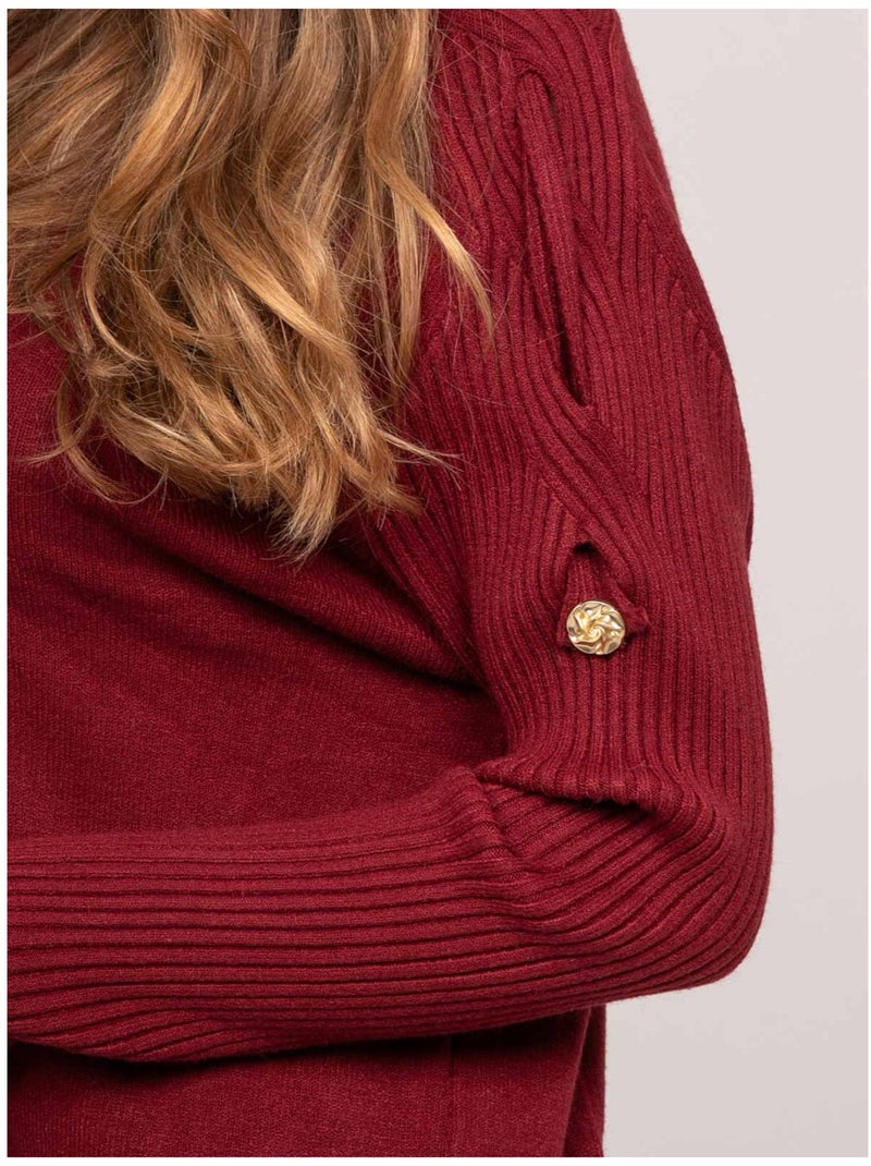 Pull maille manches côtelées et boutons dorés kandyce Bordeaux - Kiabi