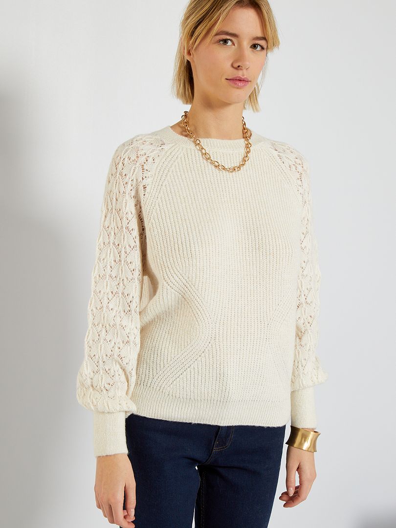 Pull maille manches longues blanc - Kiabi