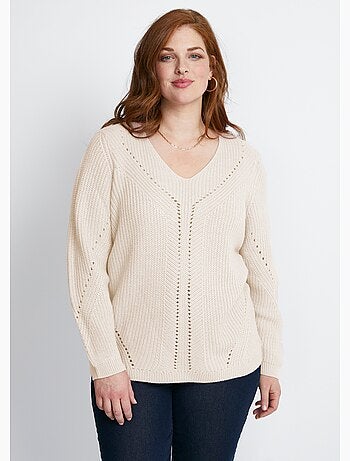 Pull maille perlée et ajourée col V - Afibel