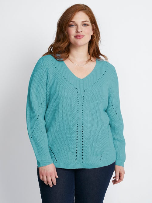 Pull maille perlée et ajourée col V - Kiabi