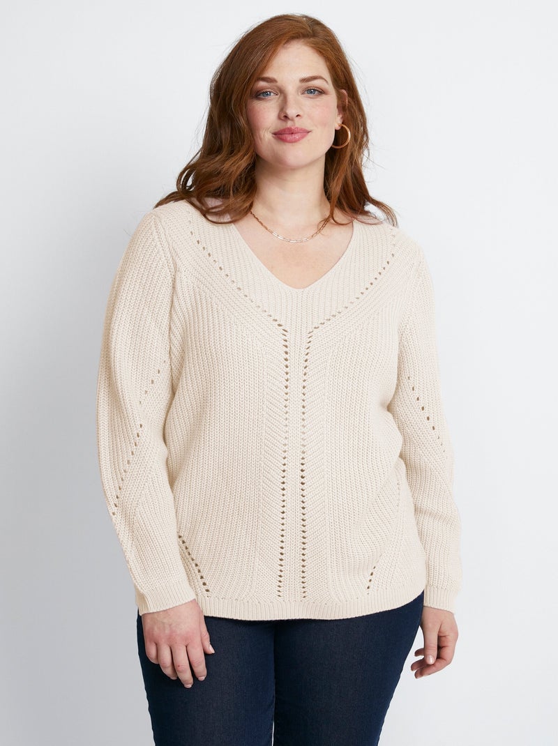 Pull maille perlée et ajourée col V Ecru - Kiabi