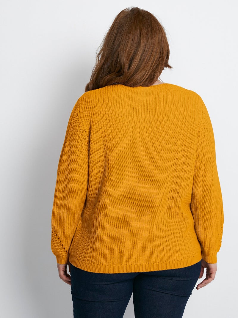 Pull maille perlée et ajourée col V Jaune - Kiabi