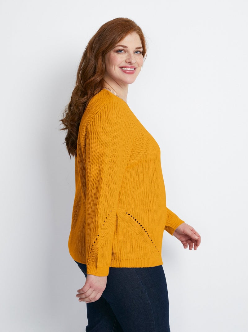 Pull maille perlée et ajourée col V Jaune - Kiabi