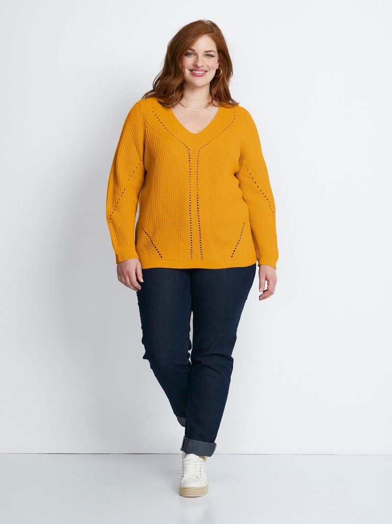 Pull maille perlée et ajourée col V Jaune - Kiabi