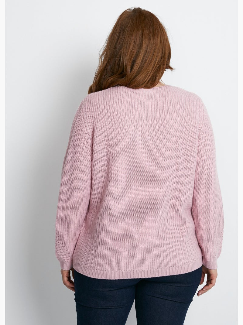 Pull maille perlée et ajourée col V Rose - Kiabi