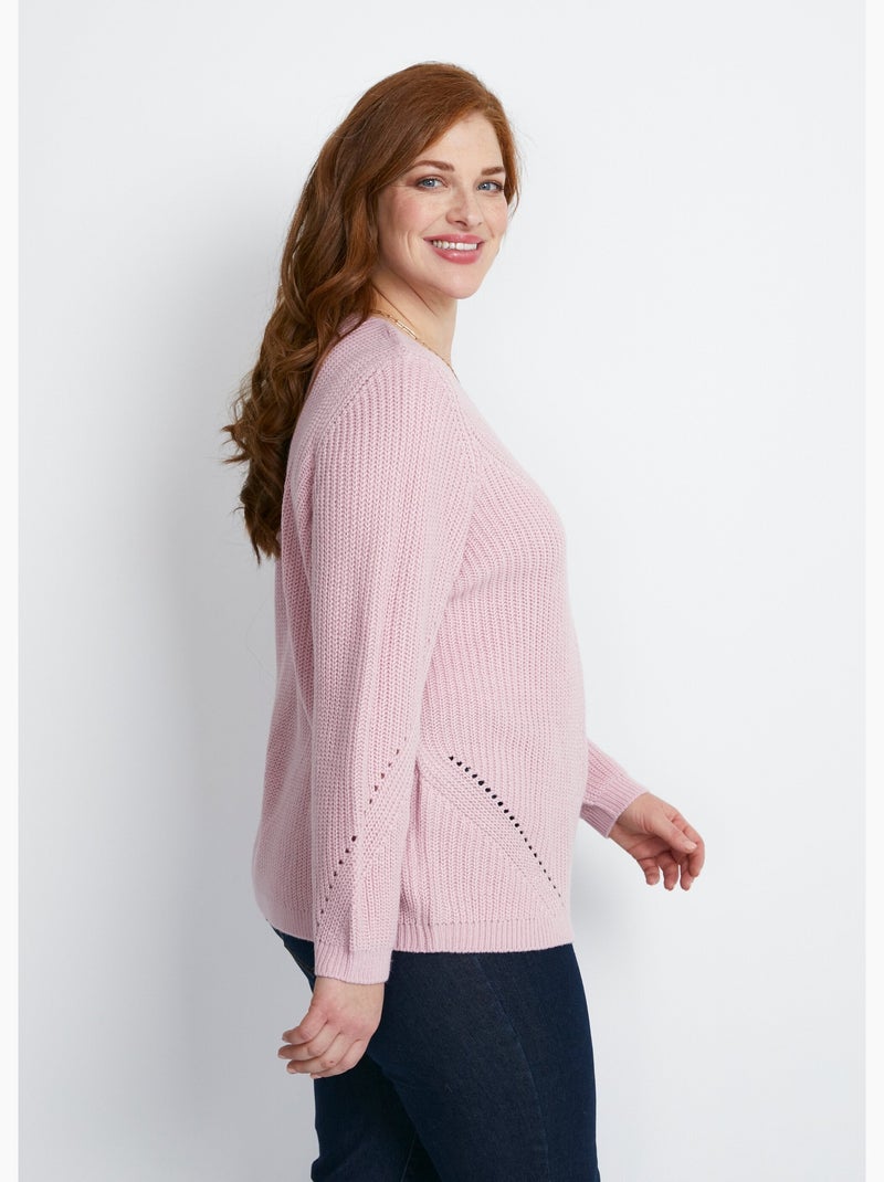 Pull maille perlée et ajourée col V Rose - Kiabi