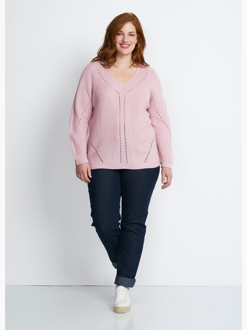 Pull maille perlée et ajourée col V Rose - Kiabi