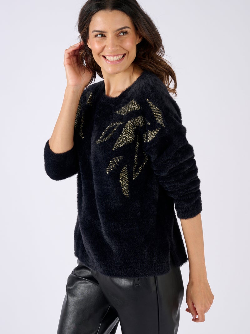 Pull maille poilue à motif végétal brillant - Damart Noir - Kiabi