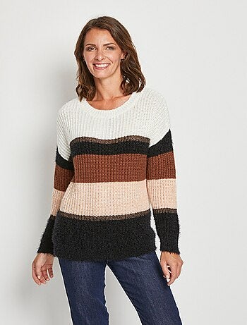 Pull maille poilue effet rayé col rond