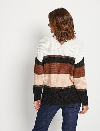 Pull maille poilue effet rayé col rond
