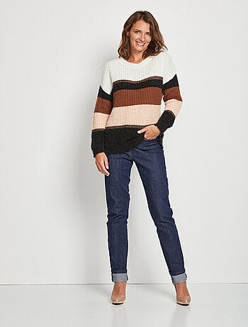 Pull maille poilue effet rayé col rond