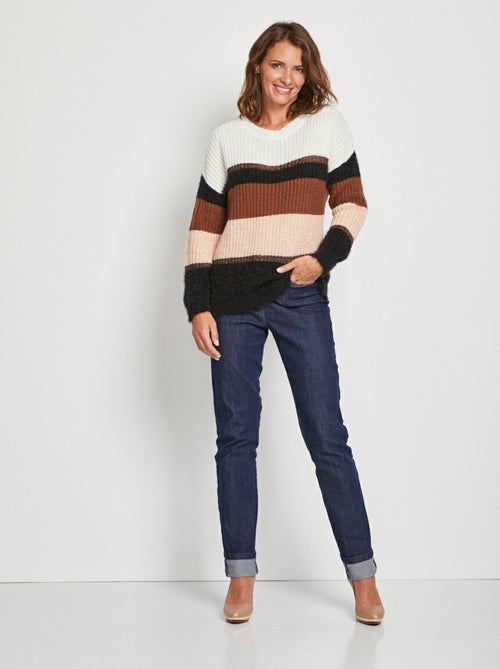 Pull maille poilue effet rayé col rond - Kiabi