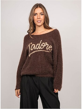 Pull maille poilue fil doré message koperdi