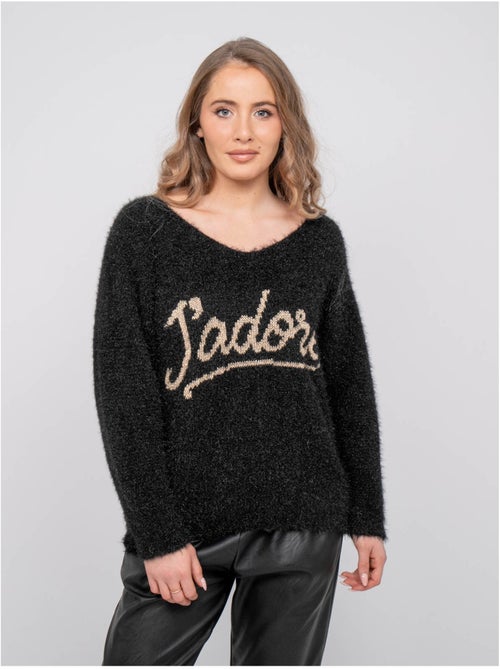 Pull maille poilue fil doré message koperdi - Kiabi