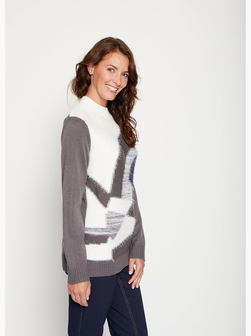 Pull maille poilue manches longues - Afibel Gris Ecru - Kiabi
