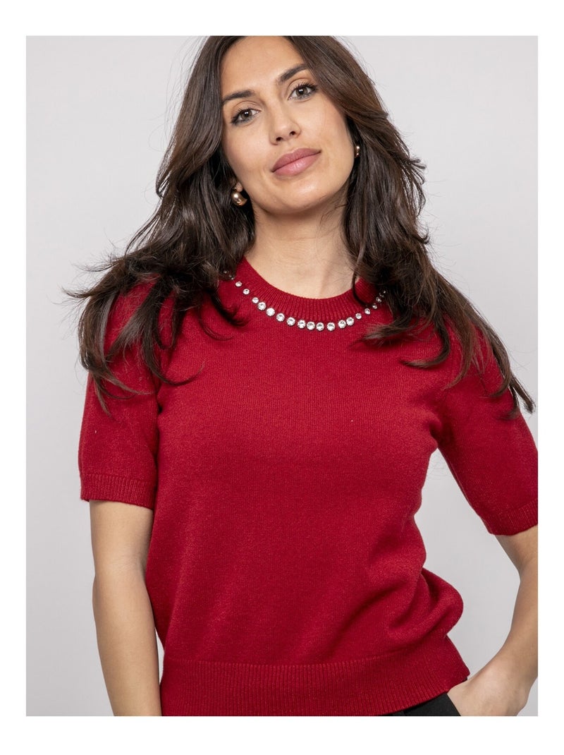 Pull manche courte strass au col KACOOPER Bordeaux - Kiabi