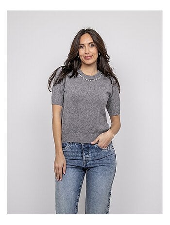 Pull manche courte strass au col KACOOPER