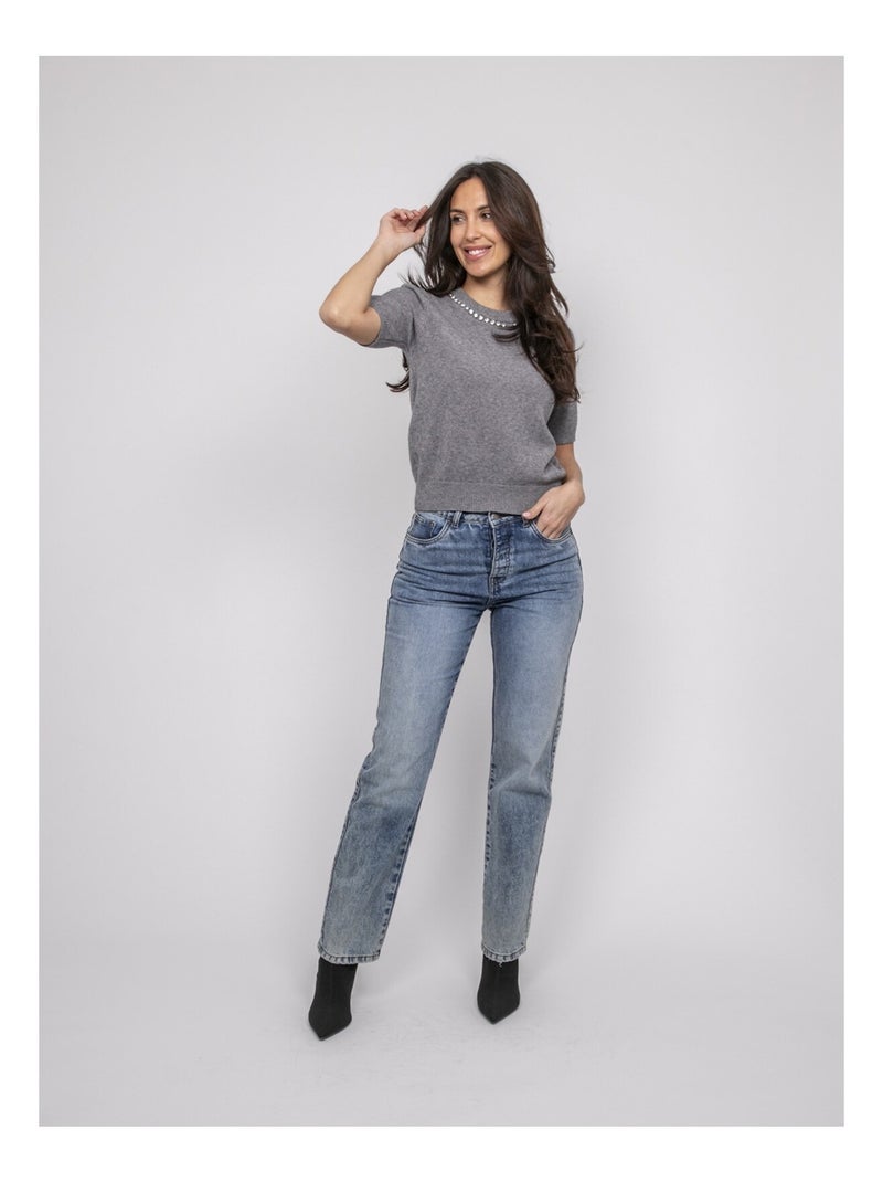 Pull manche courte strass au col KACOOPER Gris - Kiabi