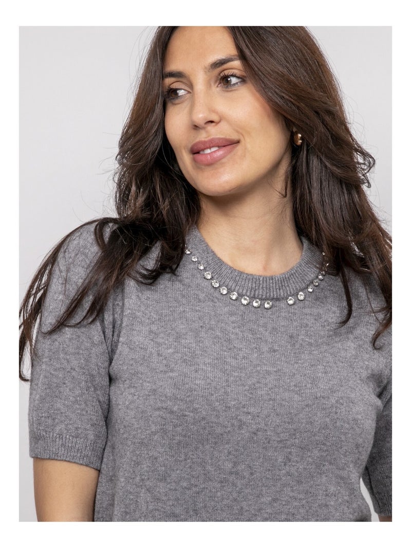 Pull manche courte strass au col KACOOPER Gris - Kiabi