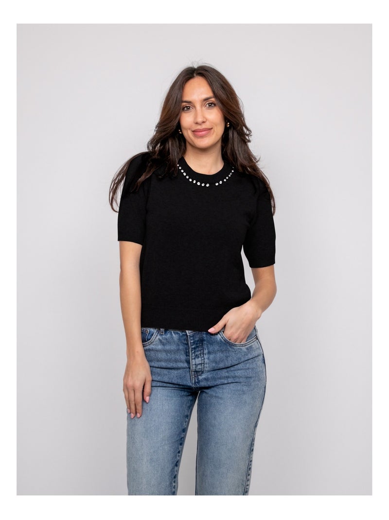 Pull manche courte strass au col KACOOPER Noir - Kiabi