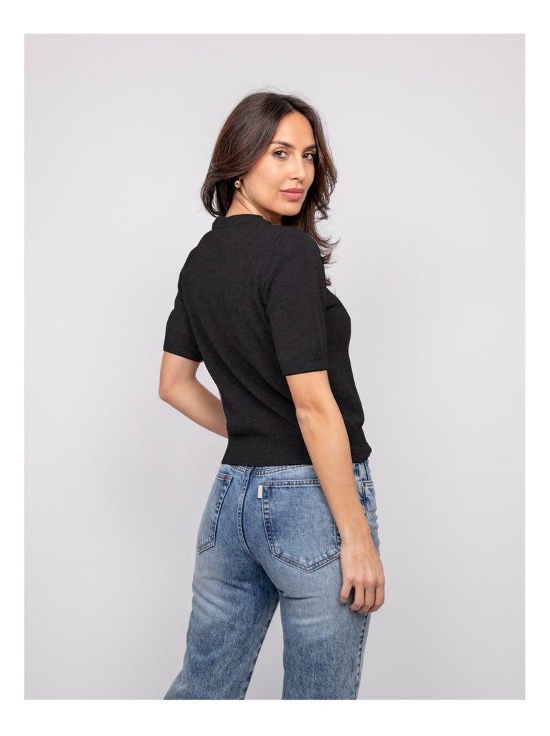 Pull manche courte strass au col KACOOPER Noir - Kiabi