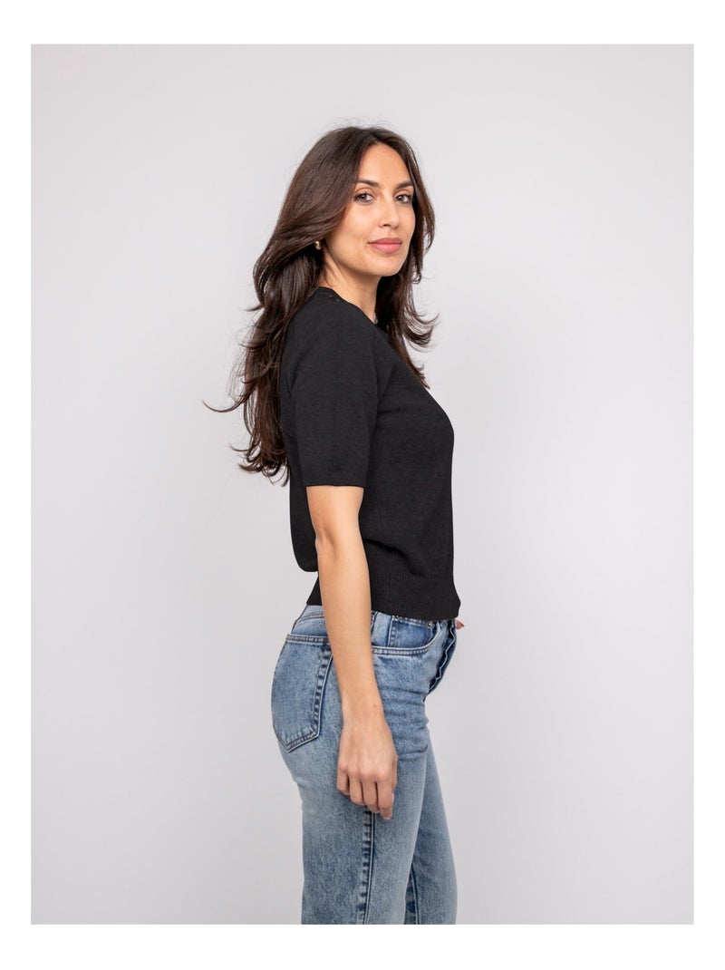 Pull manche courte strass au col KACOOPER Noir - Kiabi