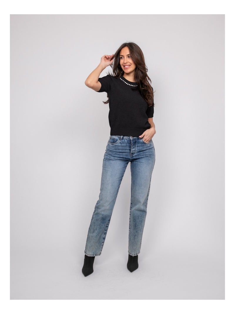 Pull manche courte strass au col KACOOPER Noir - Kiabi
