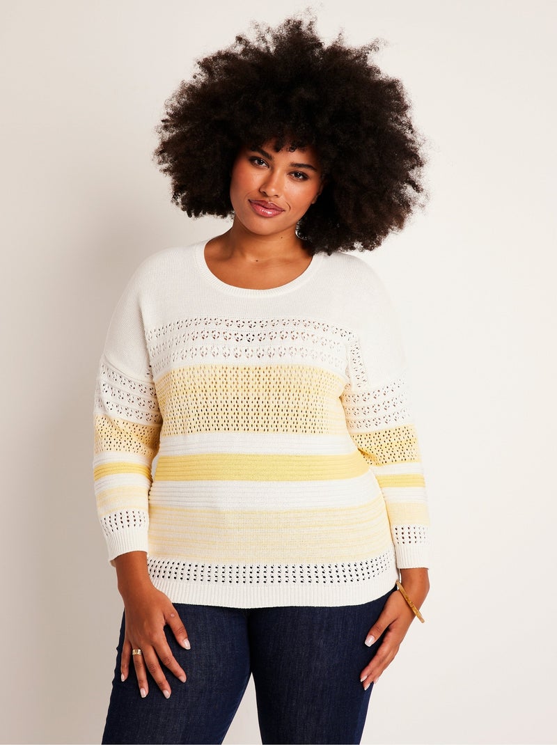 Pull manches 3/4 ajouré mélange coton Beige - Kiabi