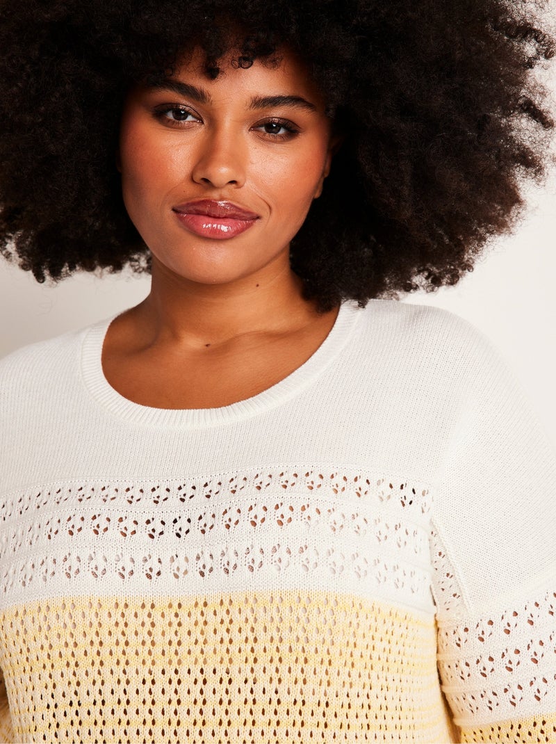 Pull manches 3/4 ajouré mélange coton Beige - Kiabi