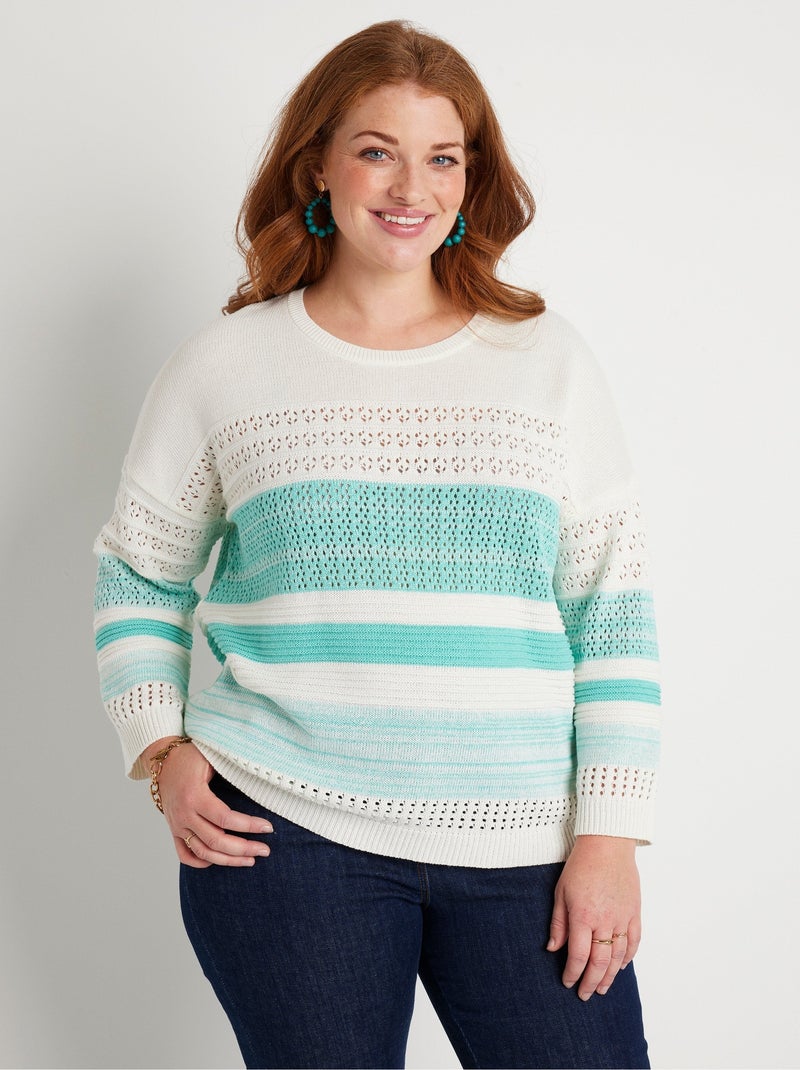 Pull manches 3/4 ajouré mélange coton Bleu turquoise - Kiabi