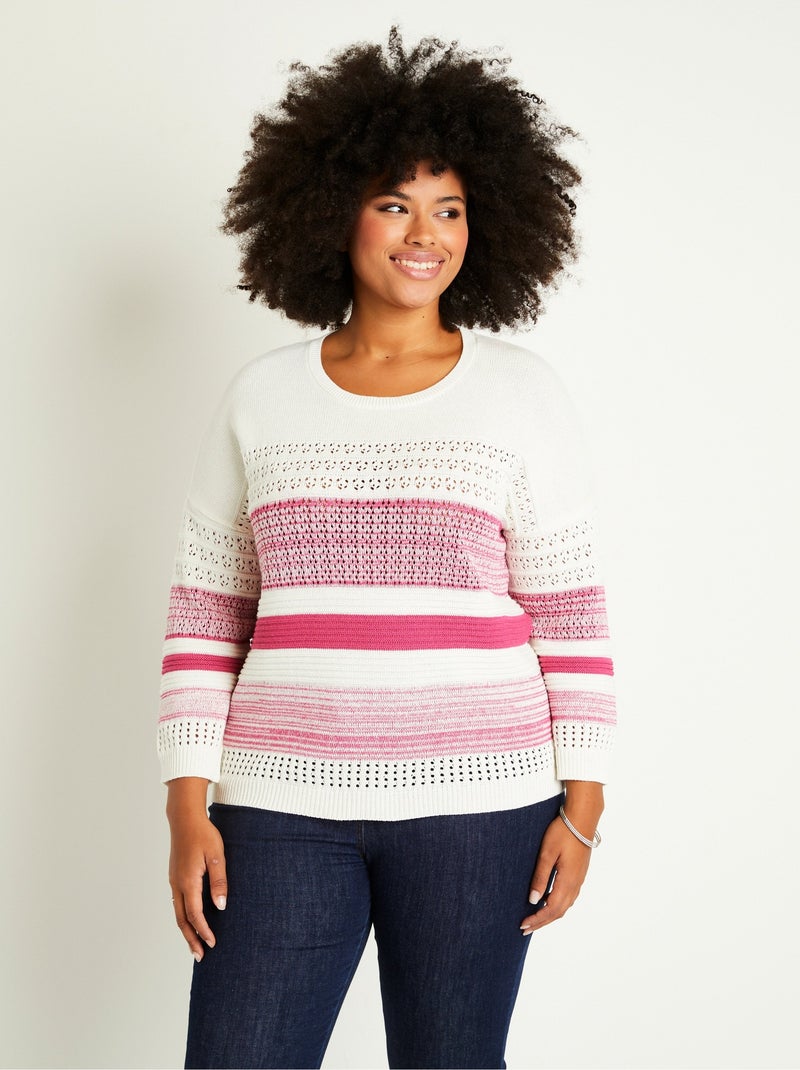 Pull manches 3/4 ajouré mélange coton Rose fushia - Kiabi