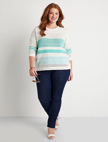 Pull manches 3/4 ajouré mélange coton