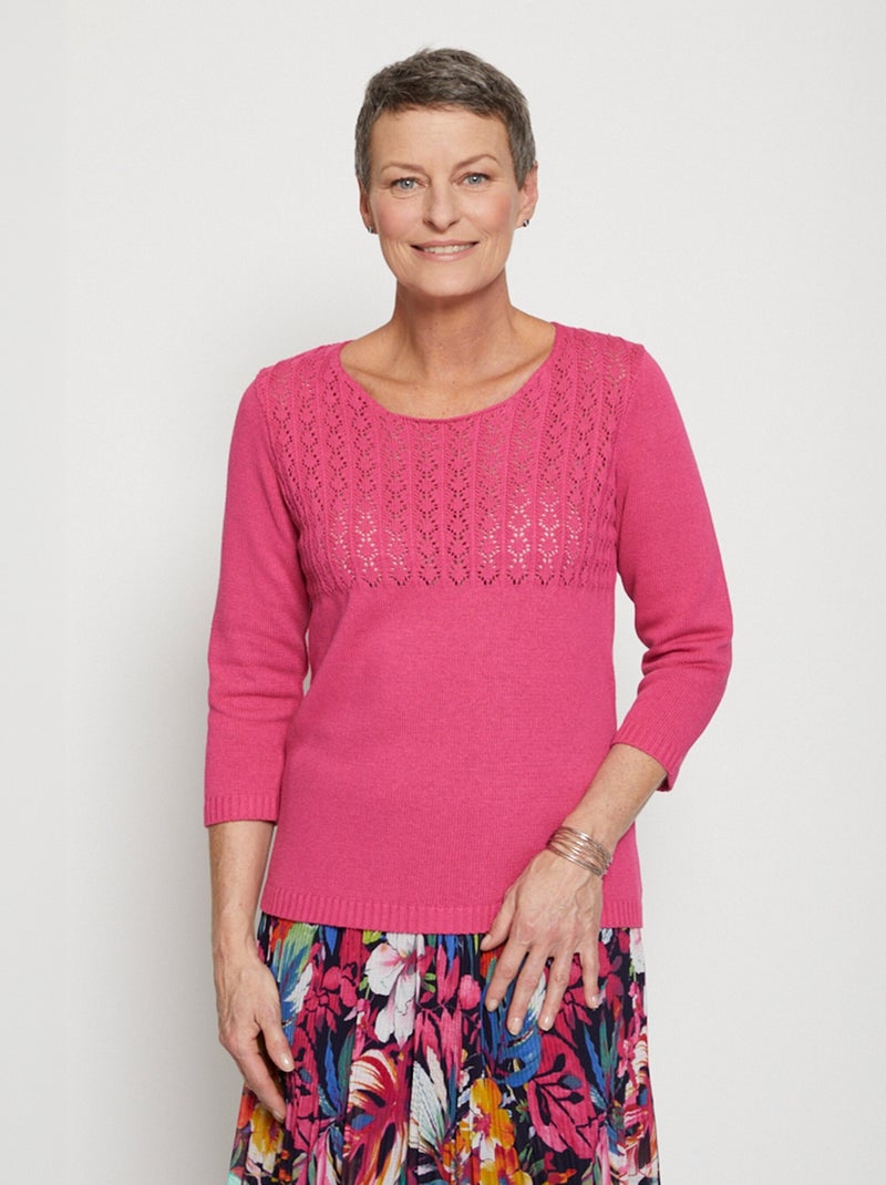 Pull manches 3/4 ajouré Rose fushia - Kiabi