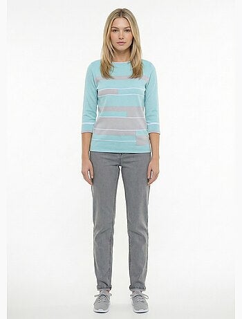 Pull manches 3/4 col bateau jacquard rayé devant - Afibel
