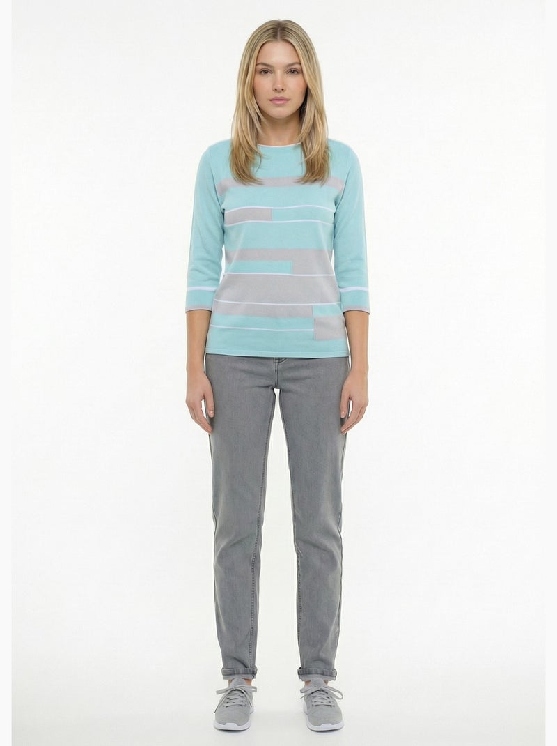 Pull manches 3/4 col bateau jacquard rayé devant - Afibel Bleu gris - Kiabi