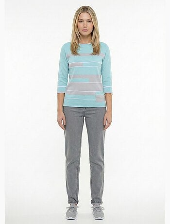 Pull manches 3/4 col bateau jacquard rayé devant - Afibel