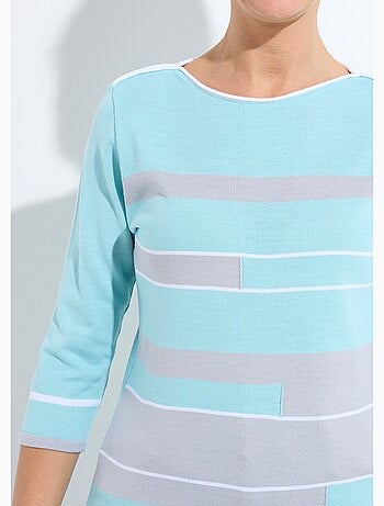 Pull manches 3/4 col bateau jacquard rayé devant - Afibel