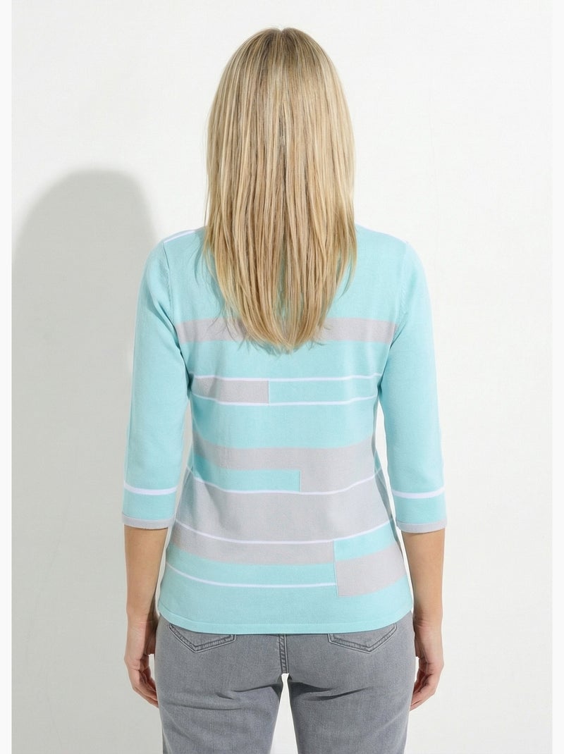 Pull manches 3/4 col bateau jacquard rayé devant - Afibel Gris Rose - Kiabi