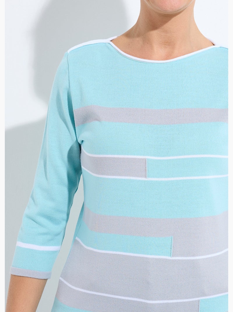Pull manches 3/4 col bateau jacquard rayé devant - Afibel Gris Rose - Kiabi
