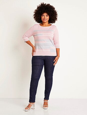 Pull manches 3/4 col bateau jacquard rayé devant - Afibel