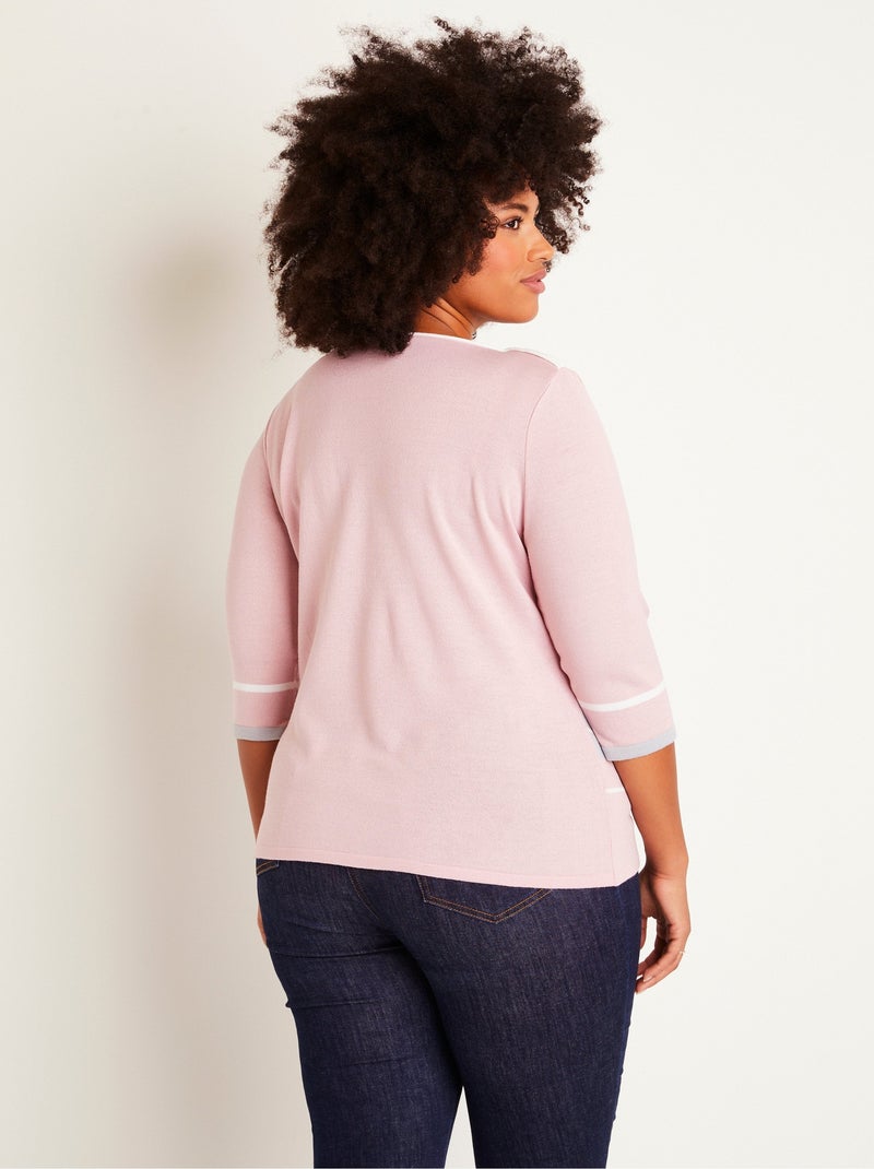 Pull manches 3/4 col bateau jacquard rayé devant - Afibel Rose - Kiabi