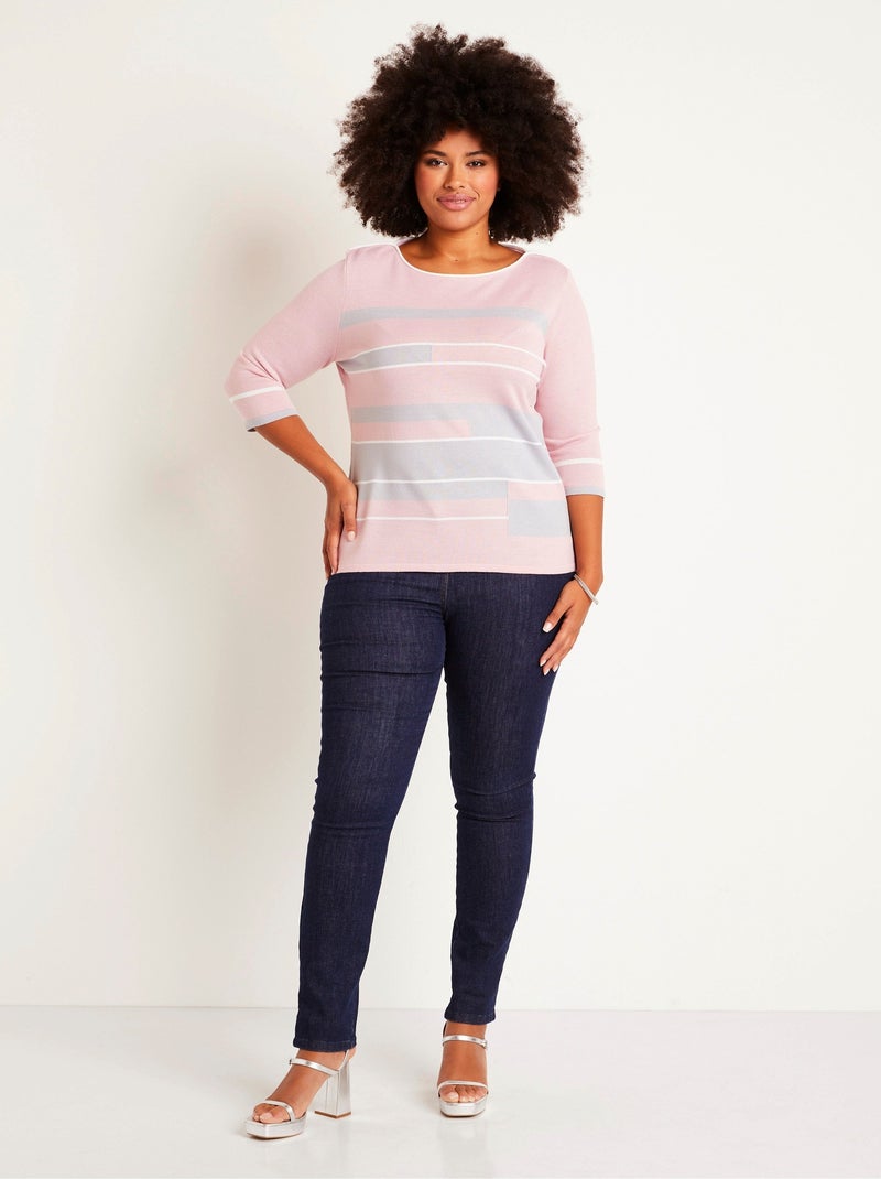 Pull manches 3/4 col bateau jacquard rayé devant - Afibel Rose - Kiabi