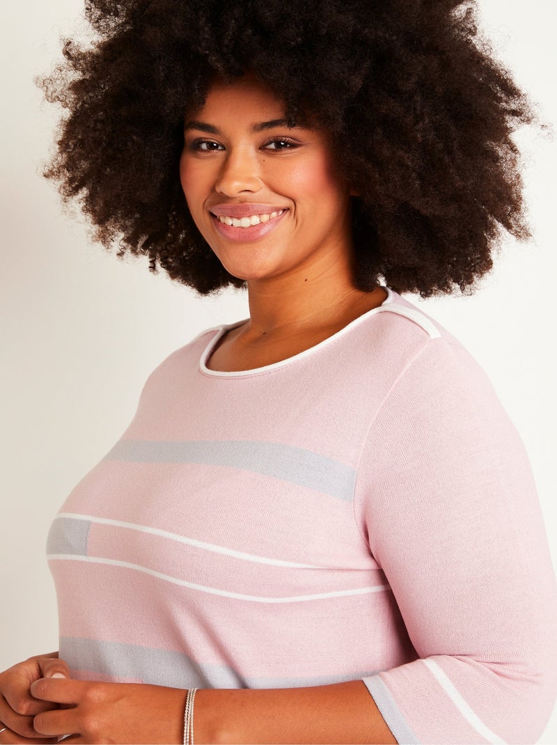 Pull manches 3/4 col bateau jacquard rayé devant - Afibel Rose - Kiabi