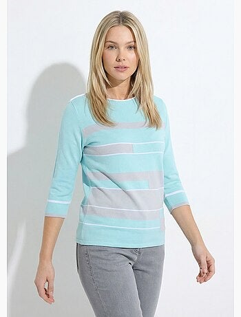 Pull manches 3/4 col bateau jacquard rayé devant
