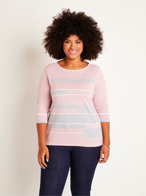 Pull manches 3/4 col bateau jacquard rayé devant - Kiabi
